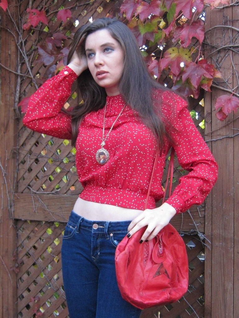 Vintage 1980s Red w/White Flecks Blouse with Pleated Front, a High Waist Panel, Button Down Back