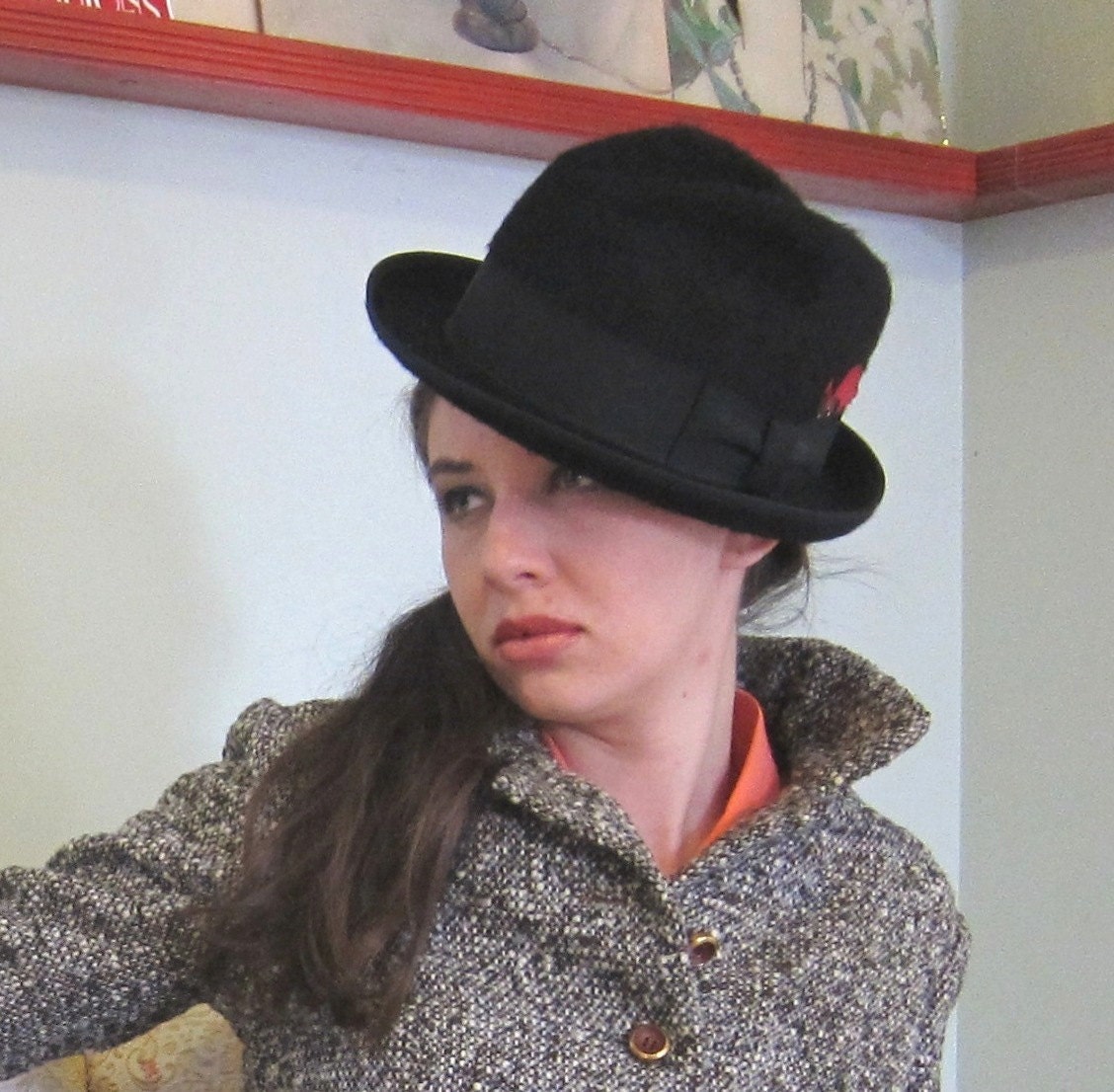 Vintage 1950s or 1960s Black Wool  Felt Men's/Unisex Fedora w/Red Feather by Dobbs