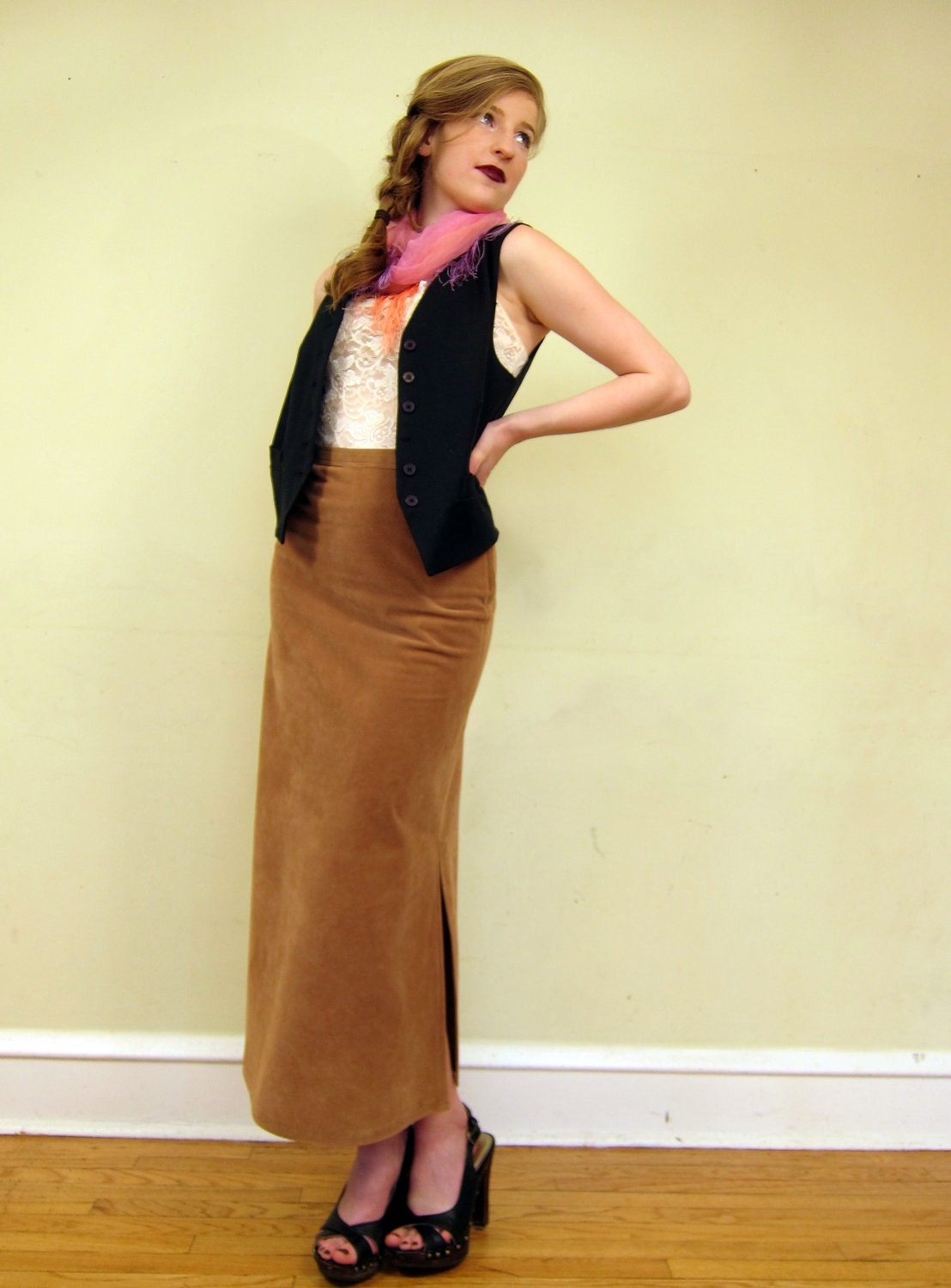 Vintage Long Skirt in Light Brown/Tan Velour, High Waisted