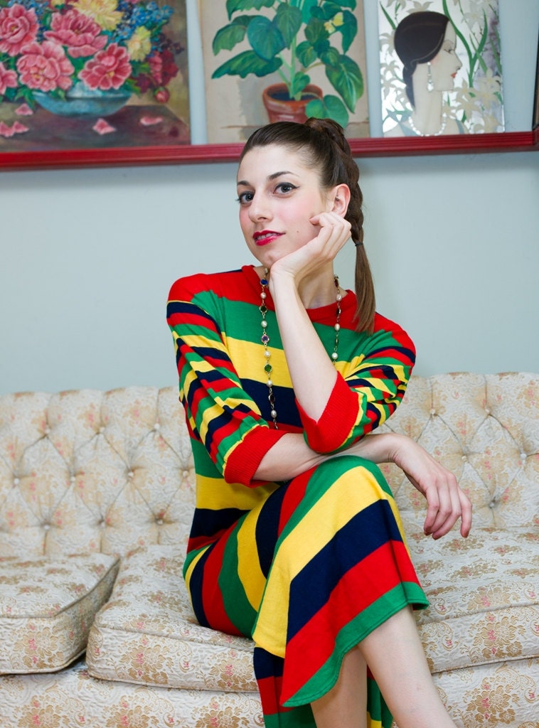 Vintage 1980s Striped Maxi Dress, Sweater Knit in Crayon Colors