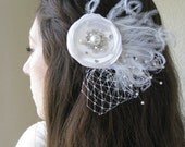 MARJORIE -- White Wedding Bridal Couture Headpiece Fascinator w/ Handmade Flower, Feathers, Birdcage Veiling, Pearls & Scattered Rhinestones