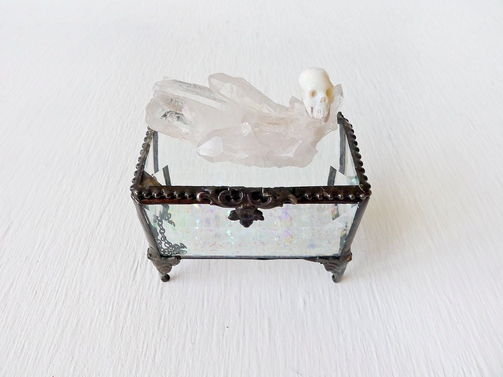 10% SALE - Beveled Glass Jewelry Box with Australian Opal Carved Rainbow Skull on Crystal Quartz