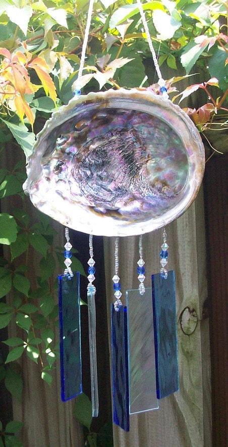 Abalone Shell Upcycled into a Windchime with Light Blue Stained Glass Chimes
