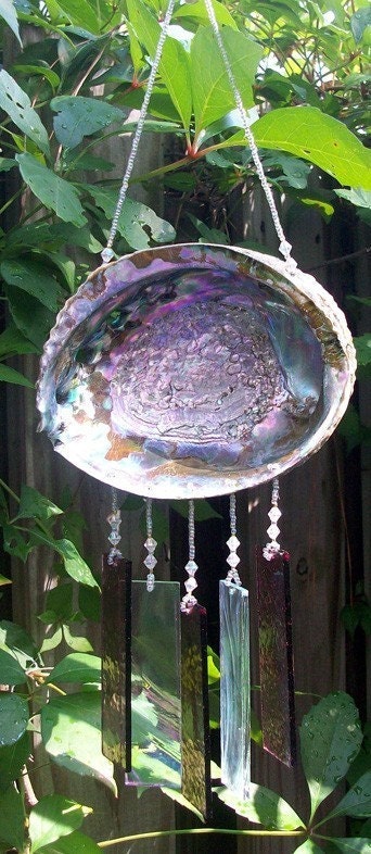 Abalone Shell Upcycled into a Windchime with Amethyst Stained Glass