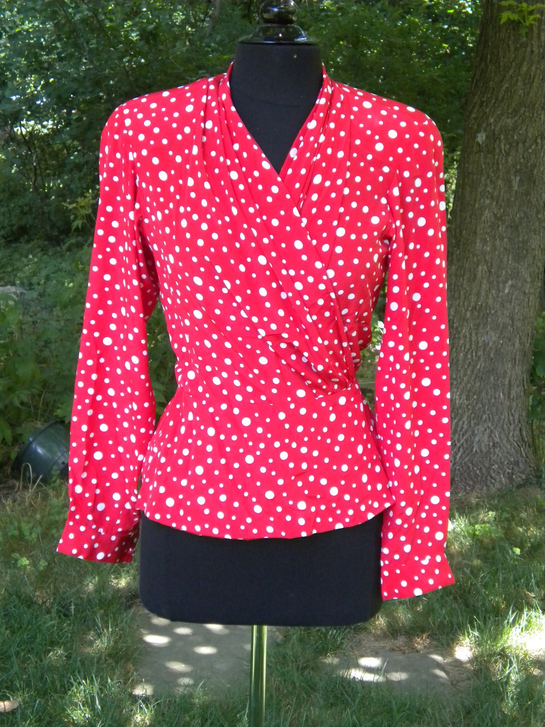Vintage 80s Red Wrap Peplum Blouse with White Poka Dots by Evan Picone