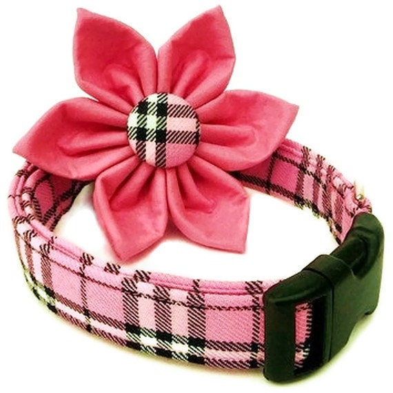 Pink Plaid Dog Collar and Flower Set - Pretty In Pink - Black Buckle