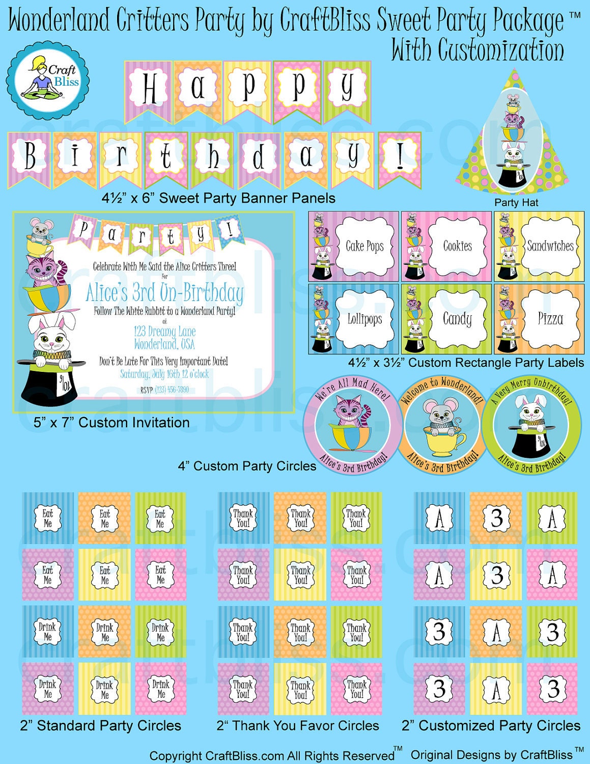 Alice in Wonderland Wonderland Critters Custom Sweet Party Digital Printables Package Chesire Cat and Friends Il_570xn