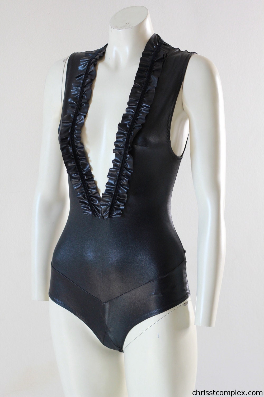 Bodysuit Swimsuit Black Pvc Ruffle Kawaii Vest Latex Look Gothic Goth Dance Costume - Unique Fashion - SPECIAL ETSY PRICE