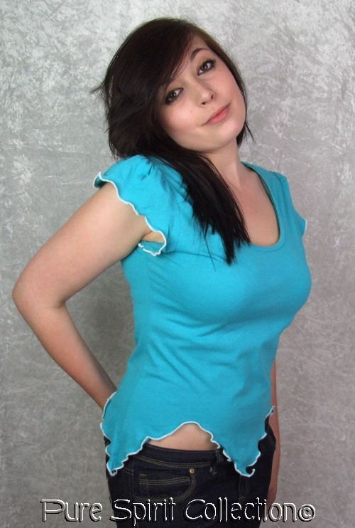 TShirt, Short Sleeve, Top, Turquoise, Blue, White, Pixie, M, Medium, OOAK, NEON, Casual, Cotton