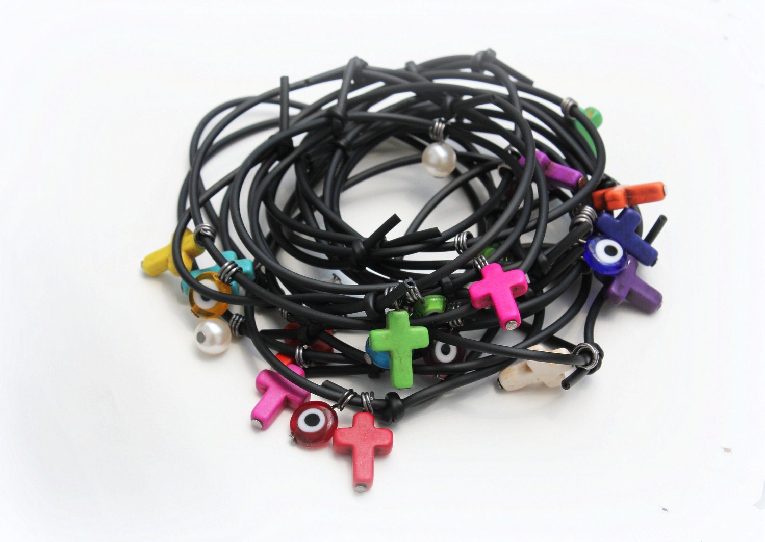 SALE RUBBER Cross BRACELETS - Set of 10 Black Rubber bracelets with cross gemstones and evil eyes - ManniaTitta