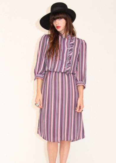 SALE 70s striped secretary dress with ruffle
