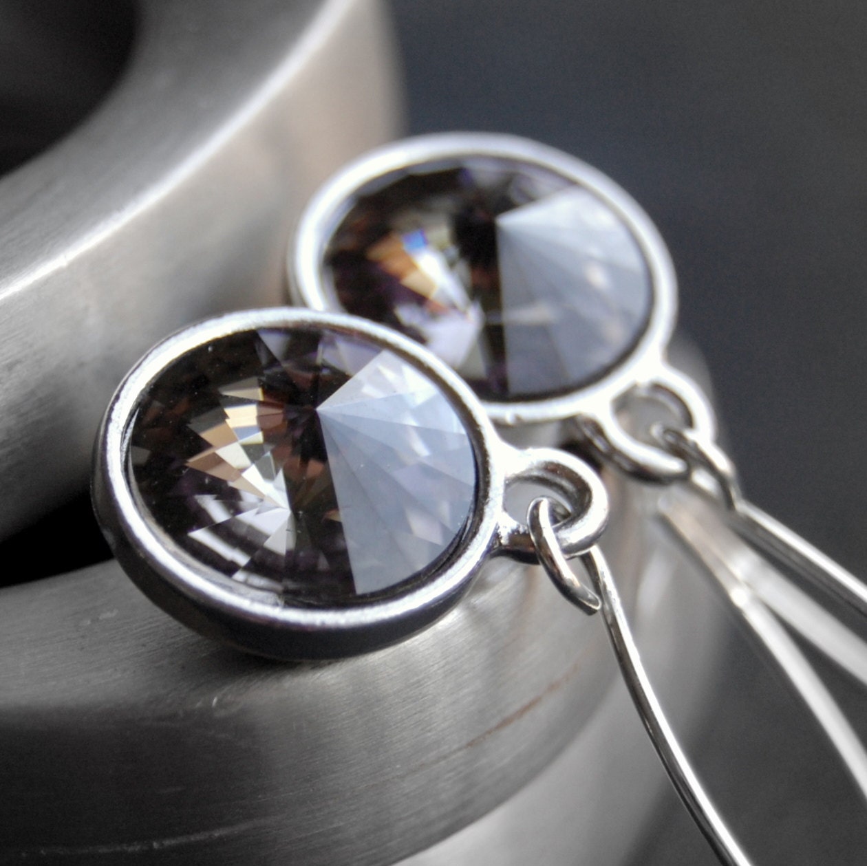 Gray Swarovski Crystal Earrings, Black Diamond Crystal Rivoli Drops on Handmade Sterling Silver Earwires