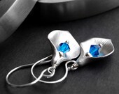 Brushed Silver Calla Lily Earrings, Blue Swarovski Crystal, Hammered Sterling Silver Earwires, Bridesmaid Custom Color
