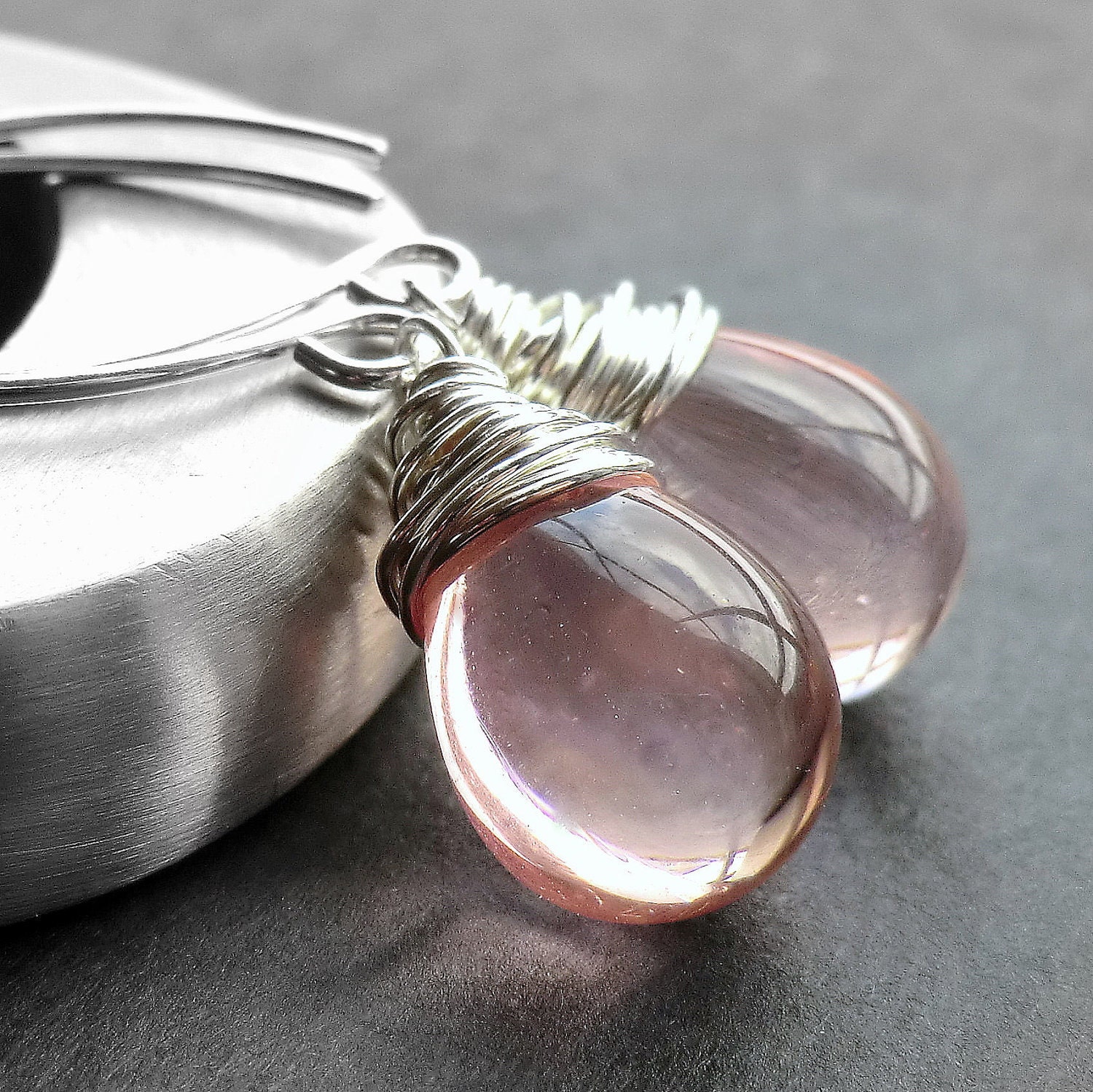 Pink Glass Earrings, Rose Czech Glass Sterling Silver Wire Wrapped Teardrop, Handmade Sterling Silver Earwires