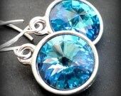 Tropical Blue Crystal Earrings, Swarovski Crystal Rivoli Briolette Drops, Handmade Sterling Silver Earwires