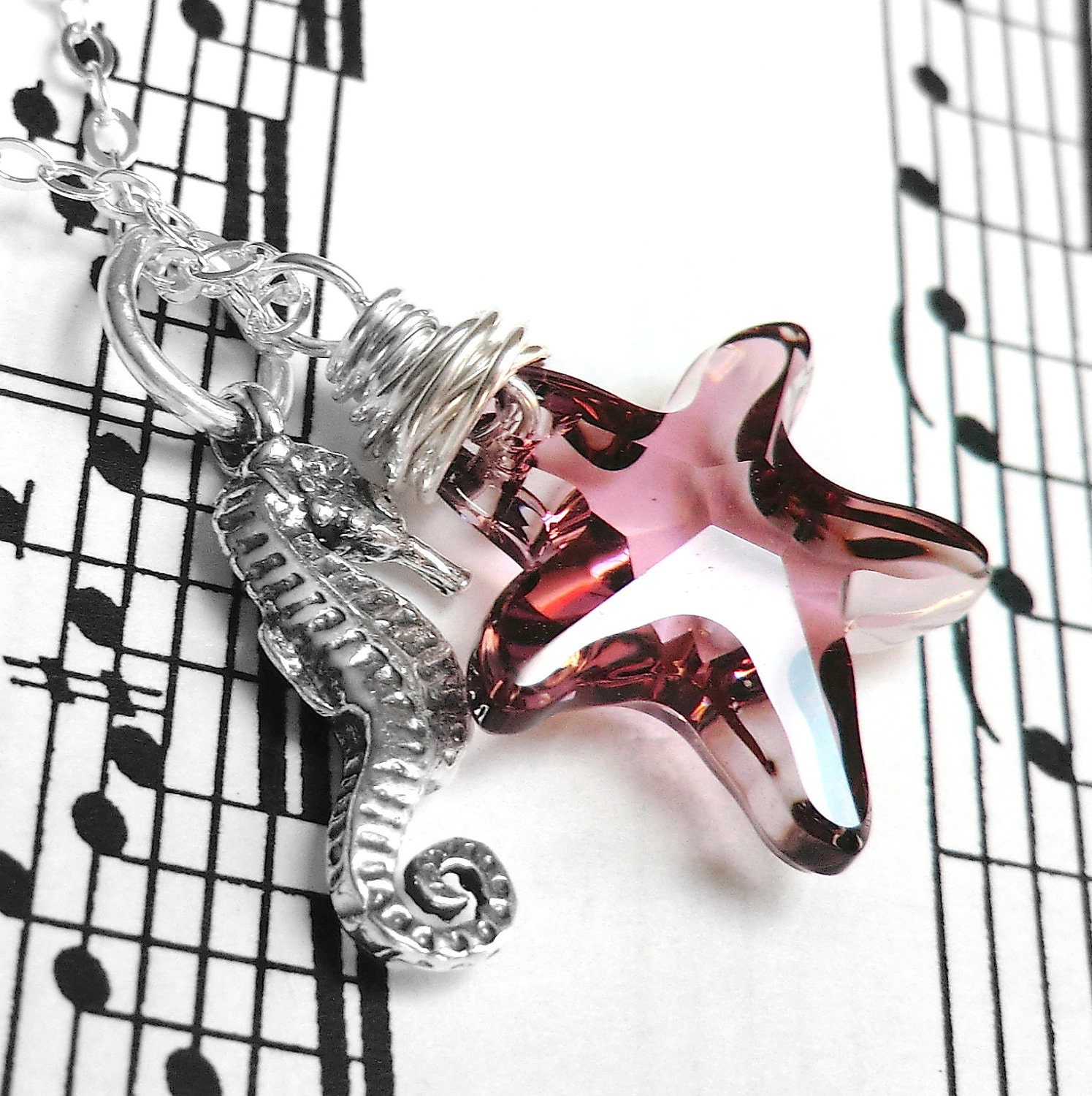 Pink Starfish Necklace, Sterling Silver Wire Wrapped Swarovski Crystal Antique Pink Starfish Crystal Pendant, Seahorse Charm