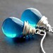Blue Glass Earrings, Wire Wrapped Glass Teardrop, Aqua Smooth Czech Glass, Sterling Silver Earwires