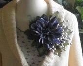 Blue Dahlia Brooch with White Pearl Berries - Silk Flower Pin - Flower Accessories
