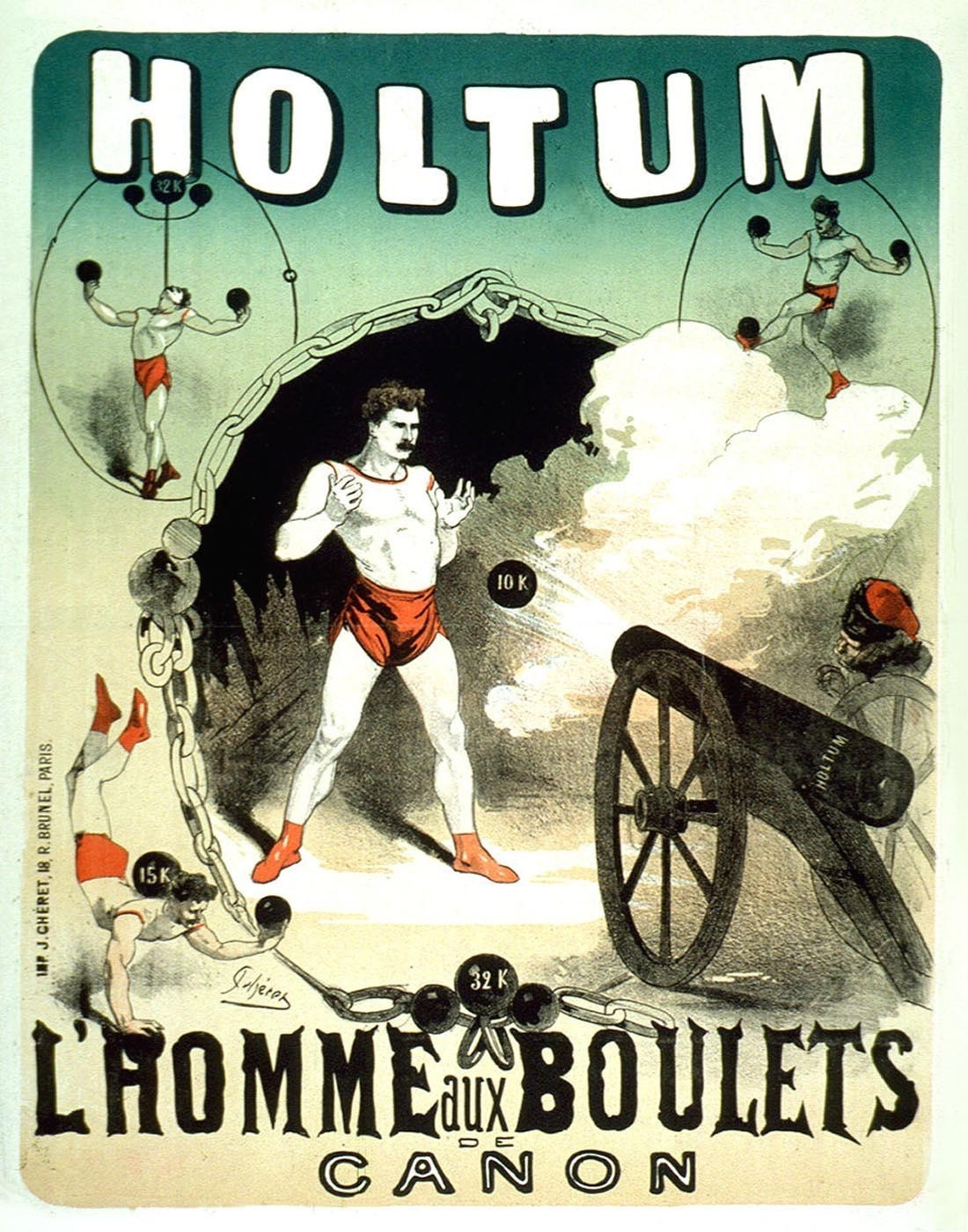 11x14 Vintage French Circus Advertisements by Cheret. Folies Bergere. Strong Man. Holtum L Homme aux Boulets de Canon. 1875 - 041