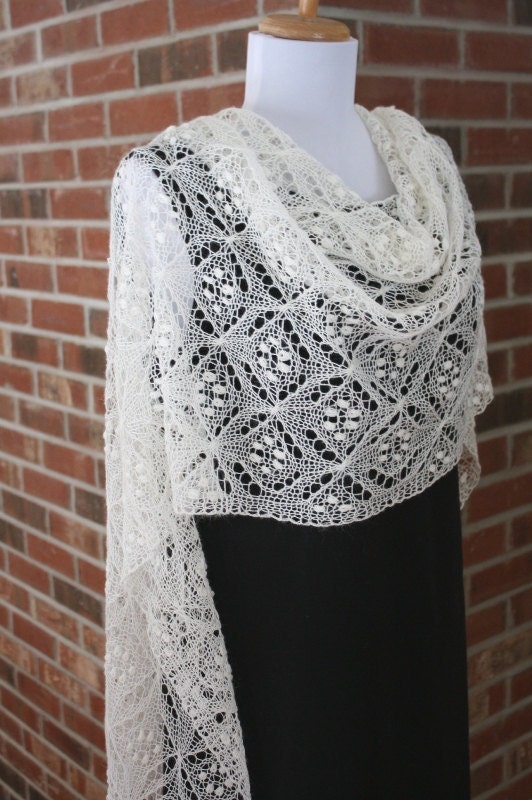 Off White Lace Shawl, Knitted Estonian with NUpps, Heirloom, Wedding accessory
