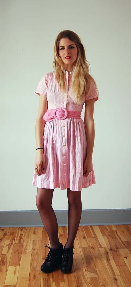 SALE vintage striped day dress / pink and white / x-small