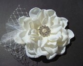 Bridal Ivory Hair Flower with rhinestone netting feathers pearl / Bridal ivory flower clip / Vintage glamour JOSEPHINE