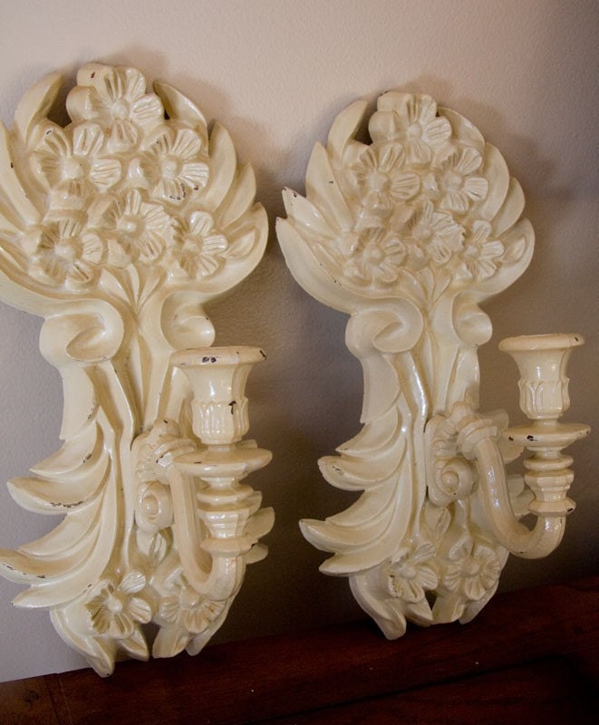 Candle Wall Sconces, Vintage Sconces, Art Nouveau, French Country Ivory Cream Home Decor