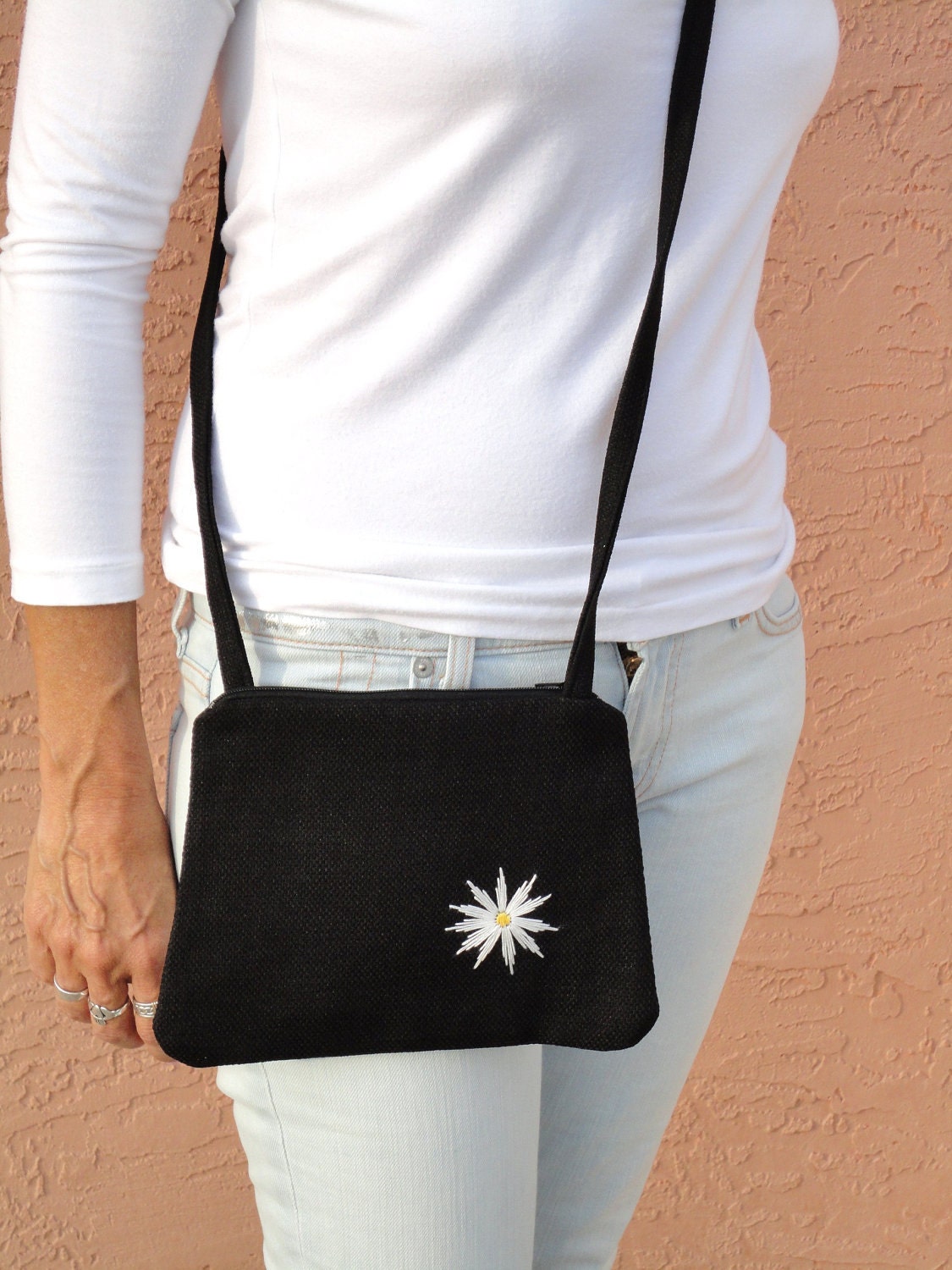 Cross Body Bag Black Shoulder Purse Small Travel Purse -  Black with Hand-Stitched Daisy