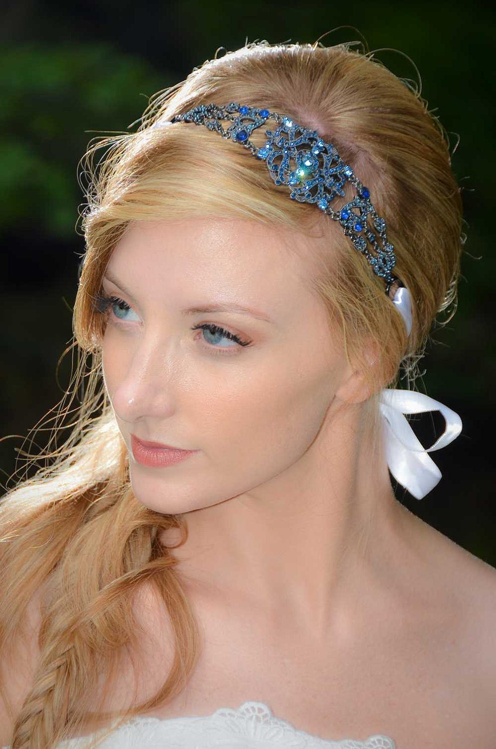 Michelle - Large Vintage style Jeweled Ribbon Headband in Cobalt