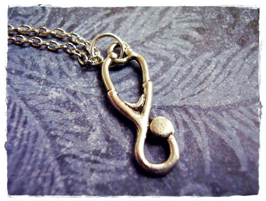 Tiny Stethoscope Charm Necklace in Antique Pewter with a Delicate 18 Inch Silver Plated Cable Chain