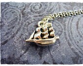 Tiny Pirate Sailing Ship Charm Necklace in Antique Pewter with a Delicate 18 Inch Silver Plated Cable Chain