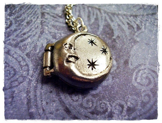 Tiny Moon and Stars Locket Charm Necklace in Antique Pewter with a Delicate 18 Inch Silver Plated Cable Chain