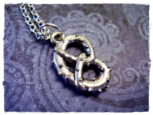 Tiny Salted Pretzel Charm Necklace in Antique Pewter with a Delicate 18 Inch Silver Plated Cable Chain