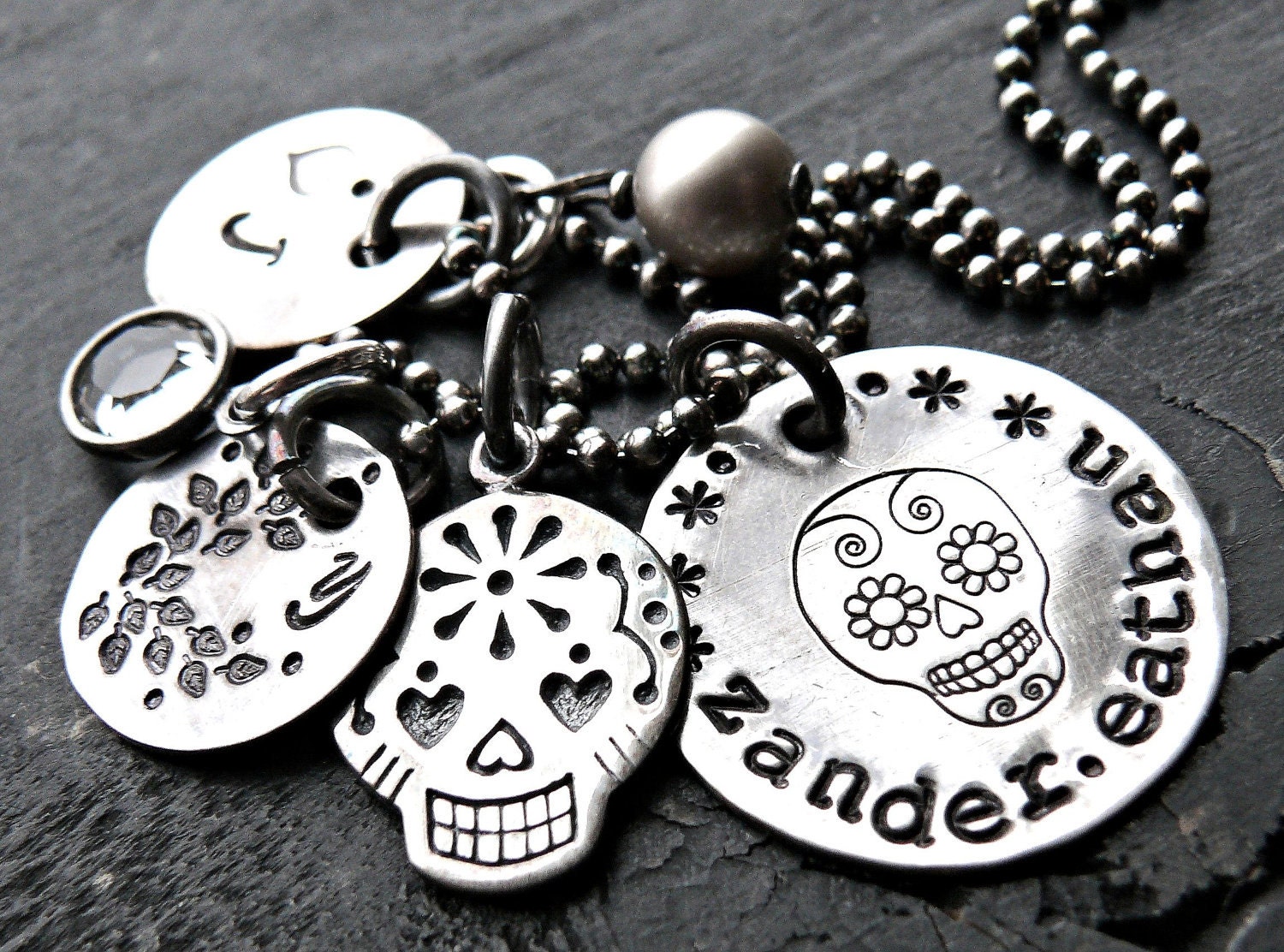 Day Of The Dead Necklace - Personalized Sugar Skull Necklace - Hand Stamped Skull Necklace