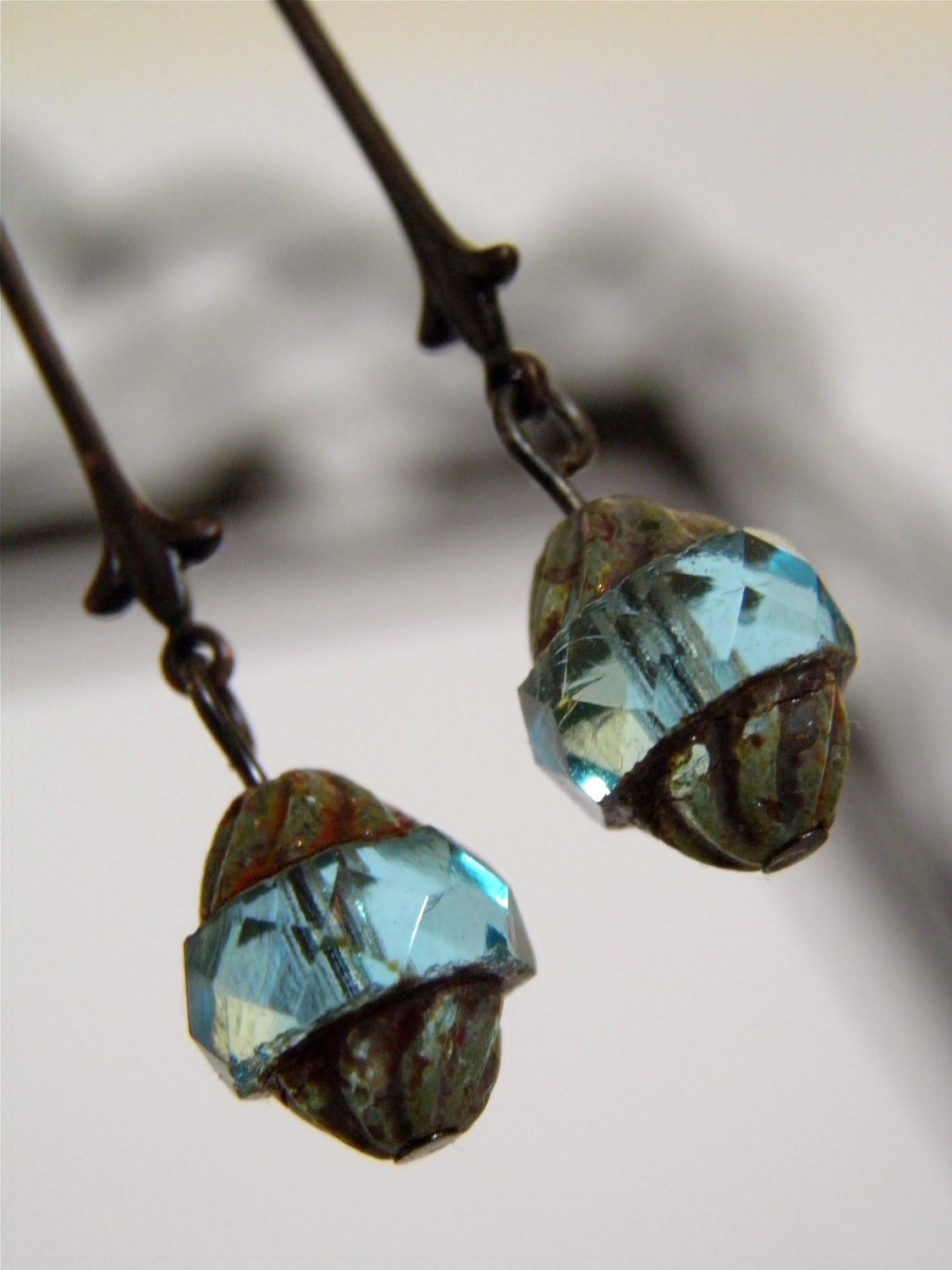 Aqua Earrings Long Elegant Picasso Glass & Oxidized Copper Handcrafted Ear Wires with Fleur de Lis