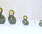 Nesting Dolls Glassware- Hand Painted Wine Glasses- Set of 4