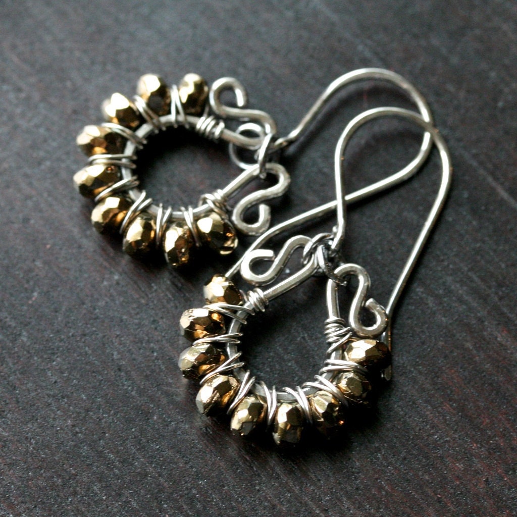 Handmade dangle hoop earrings, metallic bronze Czech glass, oxidized sterling silver, drop earrings, Mimi Michele Jewelry