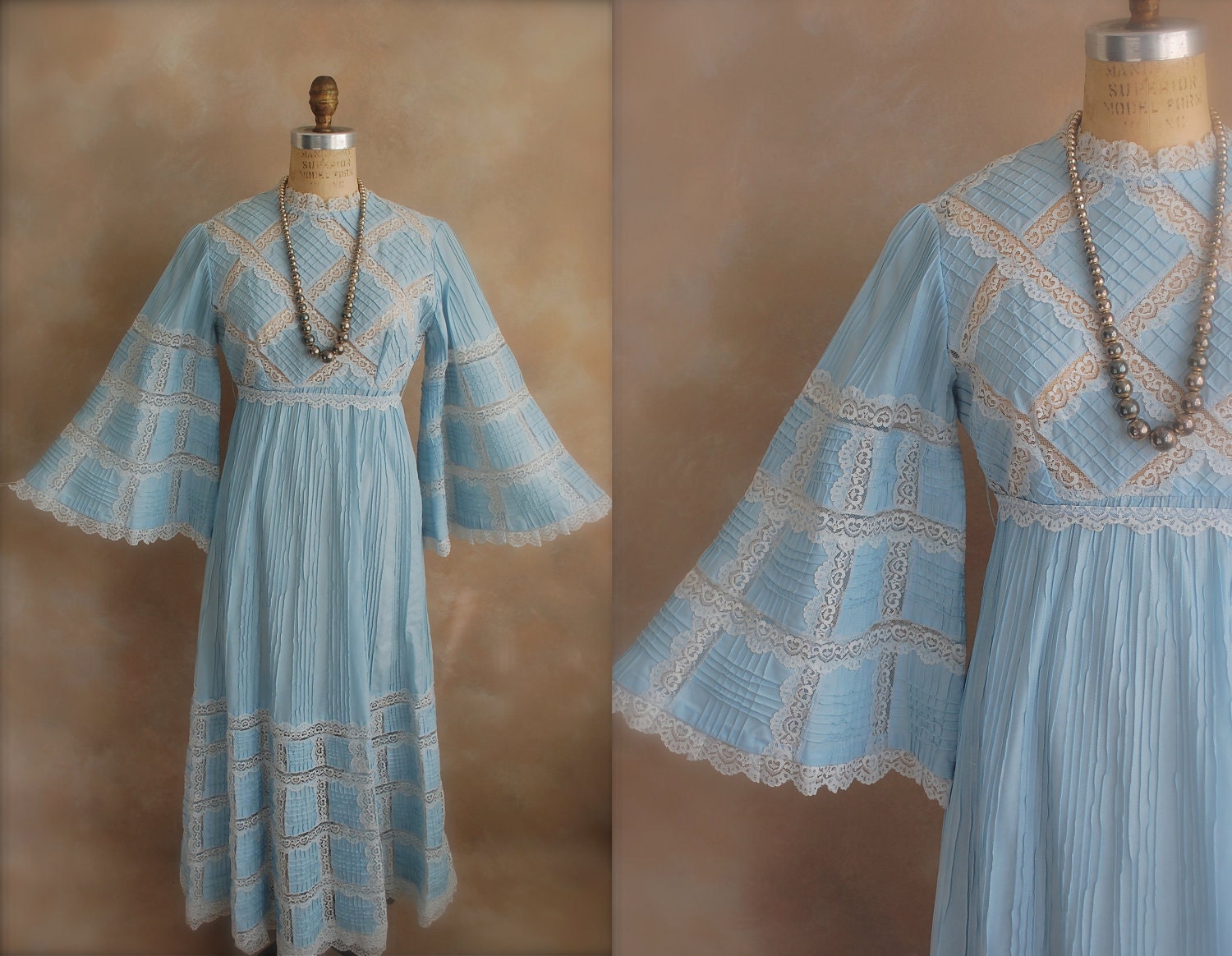 POWDER BLUE MEXICAN Wedding Dress with Lace. c. 1960s.