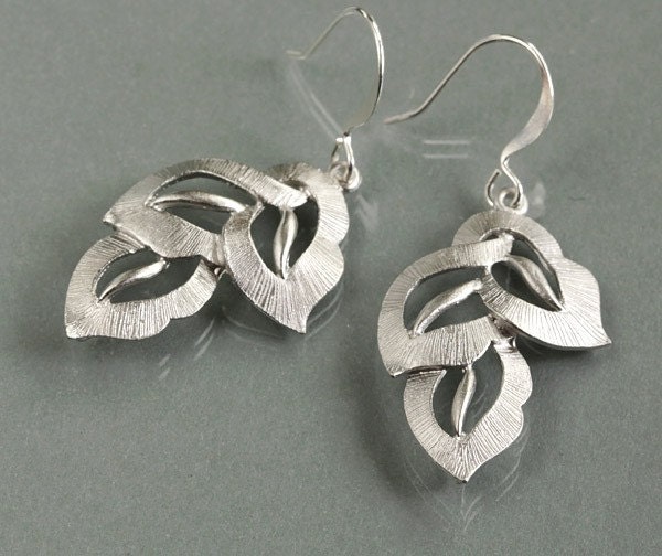 Silver leaf Earrings, leafy charm drop dangle, leaves, mothers day gift, bridesmaid wedding, everyday jewelry, by balance9