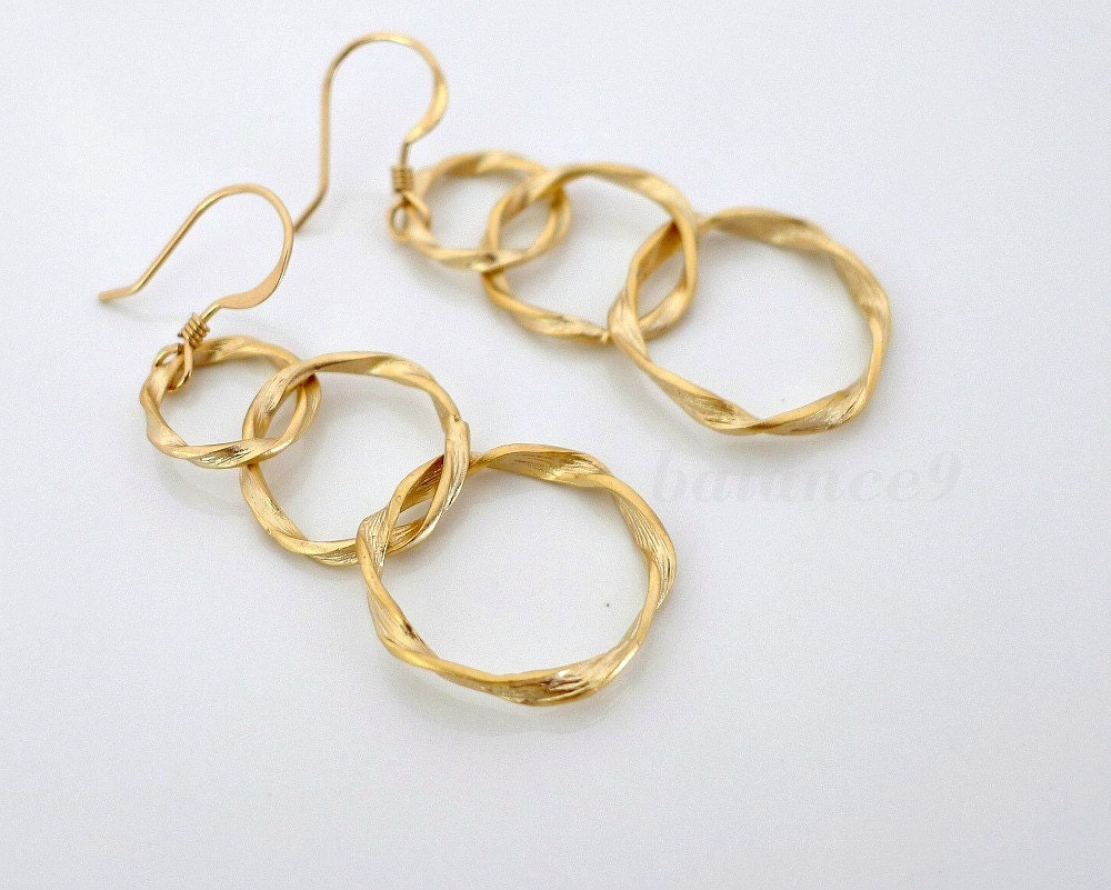 Dangle earrings, Gold circles drop earring, twisted circle rings, gold filled ear wire, everyday jewelry, holidays gift, by balance9