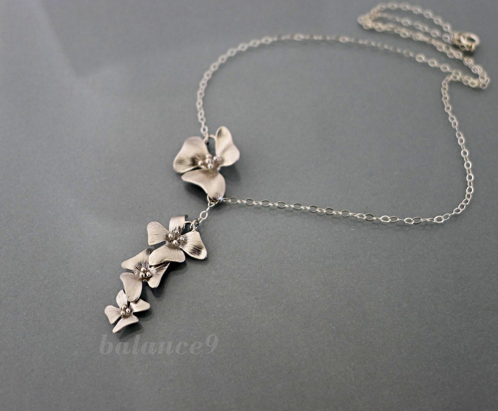 Flower lariat necklace, sterling silver chain, Cascade flowers, delicate holidays gift, wedding jewelry, by balance9