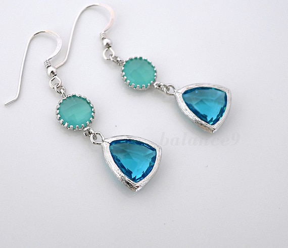 Earrings, Mint Aqua framed glass crystal drop dangle, sterling silver ear wire, delicate everyday jewelry, wedding gift, by balance9