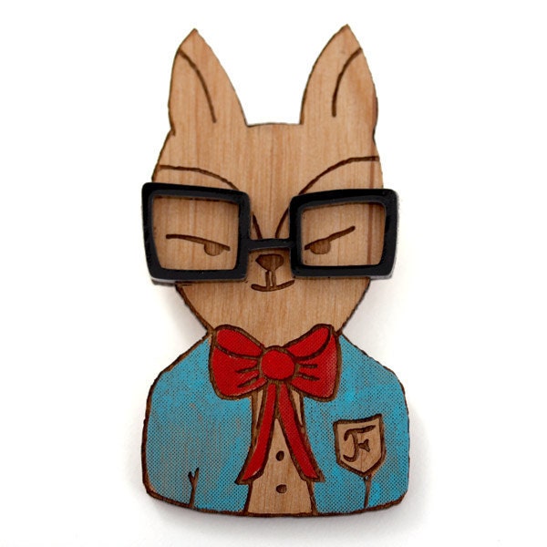 Nerdy fox wooden brooch with perspex glasses