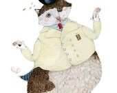 Cat Print Cat with a Tea filled Hat illustration 8x11