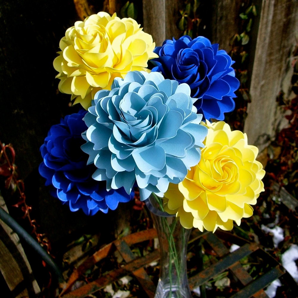 The  Full Bloom Dahlia Handmade Paper Flower   - set of 5 flowers  -  Mix of  Blues and Yellow - Stems Included -  Custom order available