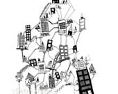 Crooked City Black and White Ink Print 8x10