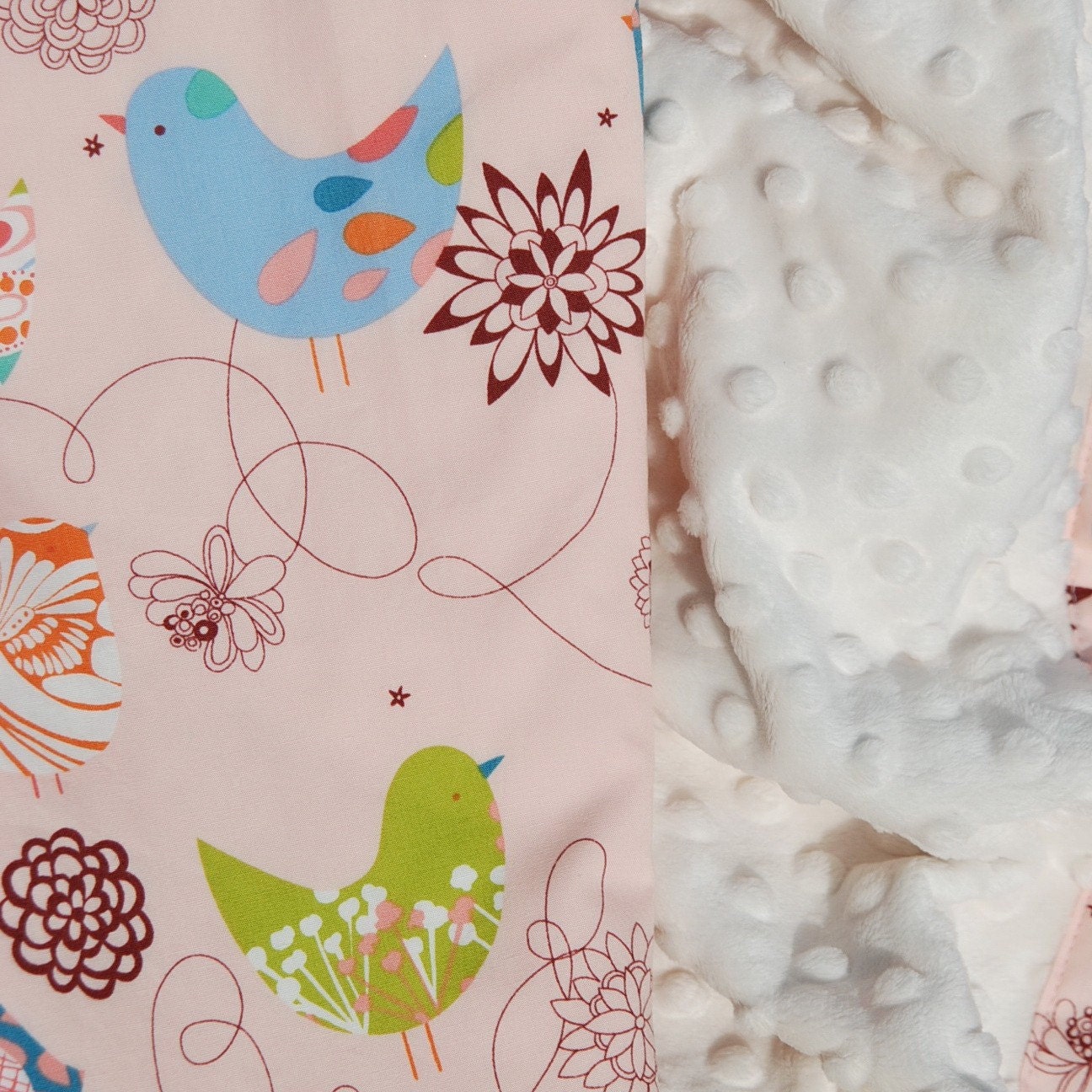 Minky Baby Blanket for your Baby Girl-  Alexander Henry Pink Starlings with Cream Minky - Ready to Ship