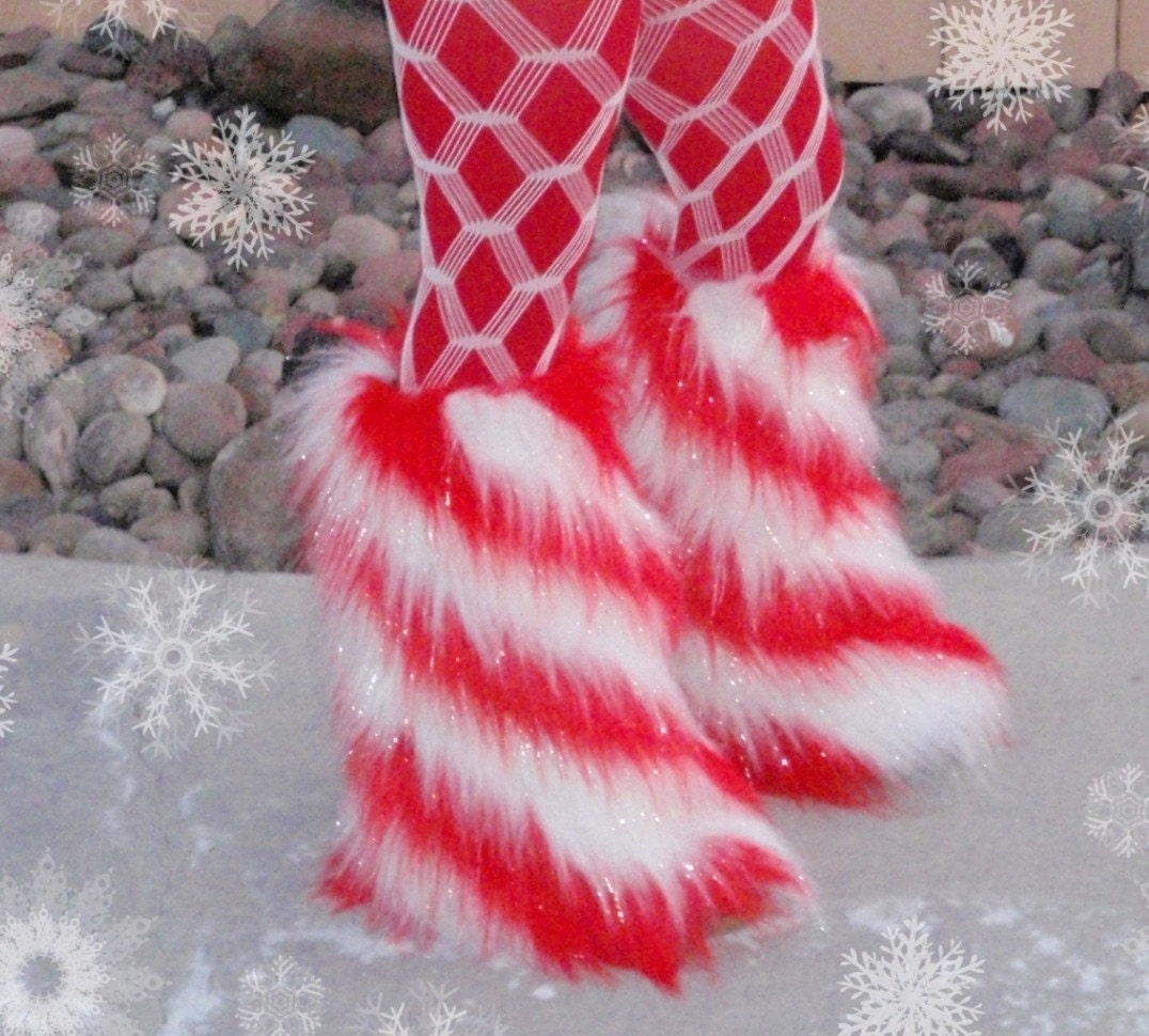 Furry Boot Covers, Cyber Nurse- Kandi Kane Style , Go Go Fluffies , Red White Sparkle Swirl