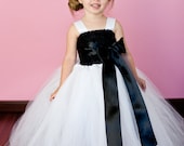Flower Girl Tutu Dress in White and Black with Customizable Sash