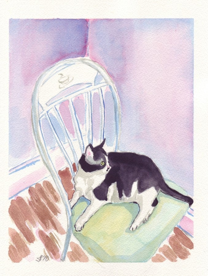 Watercolor Painting - Cat Art, Kitty on Chair Watercolor Art Print, 8x10